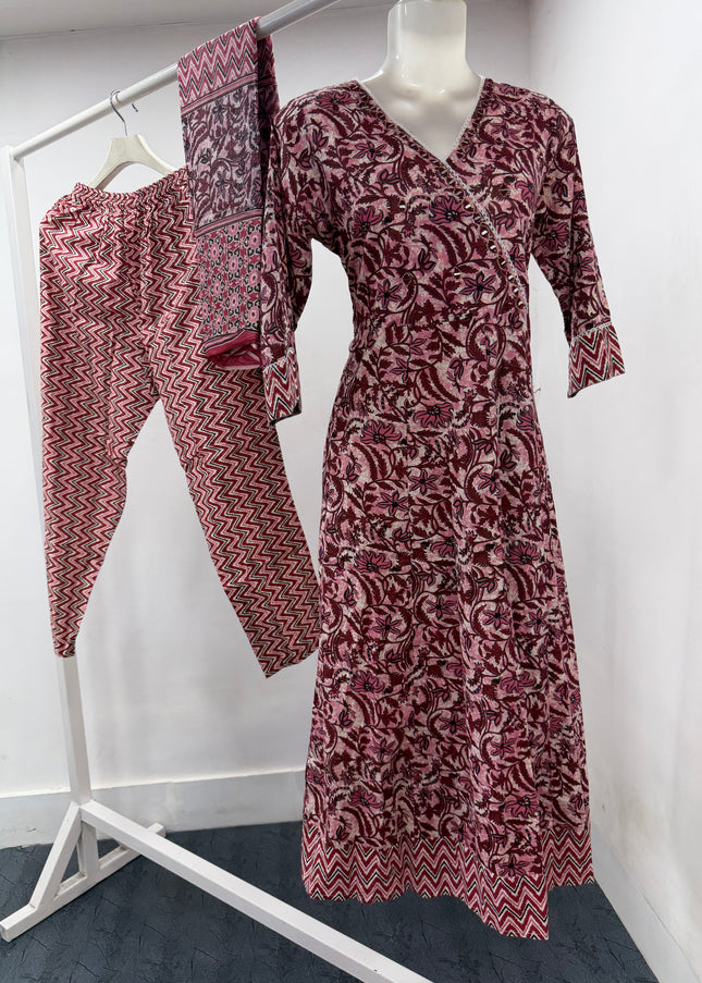 LADIES KURTI SET CODE-A107 Women's Pink Floral Printed Kurta Pant Dupatta Set | Ethnic Cotton Blend Suit Set