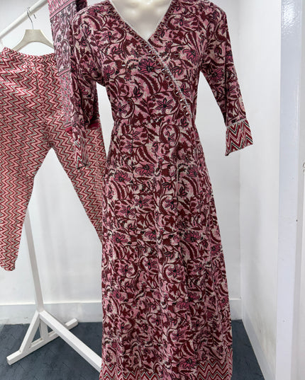 LADIES KURTI SET CODE-A107 Women's Pink Floral Printed Kurta Pant Dupatta Set | Ethnic Cotton Blend Suit Set