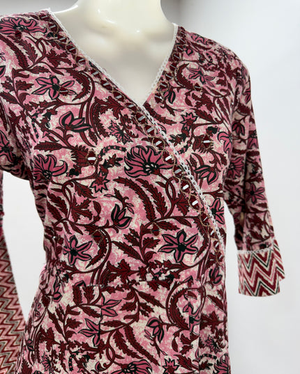 LADIES KURTI SET CODE-A107 Women's Pink Floral Printed Kurta Pant Dupatta Set | Ethnic Cotton Blend Suit Set