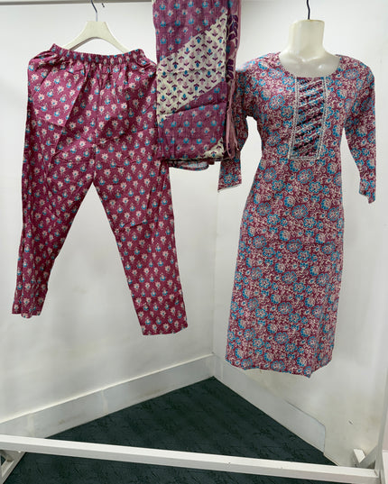 LADIES KURTI SET CODE-A109 Women's Printed Cotton Blend Kurta Set with Straight Pants & Dupatta | Tomato & Onion