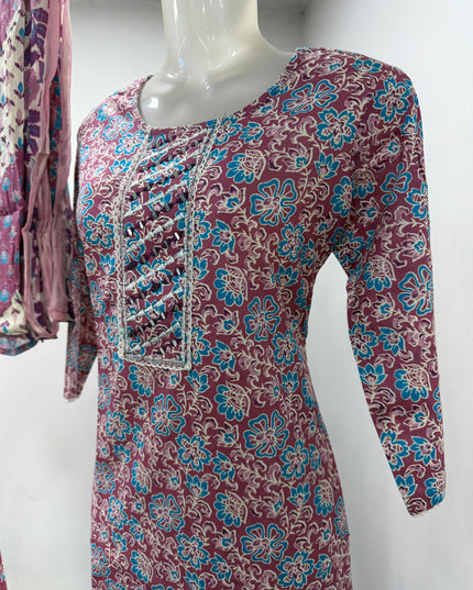 LADIES KURTI SET CODE-A109 Women's Printed Cotton Blend Kurta Set with Straight Pants & Dupatta | Tomato & Onion