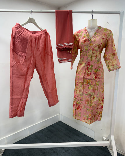 LADIES KURTI SET CODE-A126 Women's Pink Floral Printed Kurta Pant Set with Dupatta | Elegant Ethnic Wear