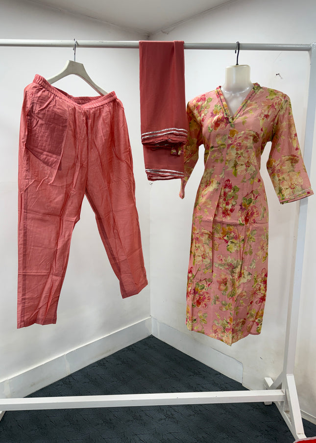 LADIES KURTI SET CODE-A126 Women's Pink Floral Printed Kurta Pant Set with Dupatta | Elegant Ethnic Wear