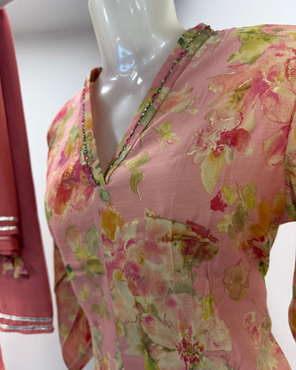 LADIES KURTI SET CODE-A126 Women's Pink Floral Printed Kurta Pant Set with Dupatta | Elegant Ethnic Wear