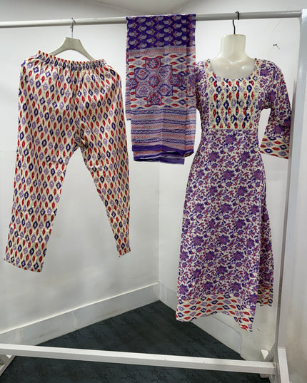 LADIES KURTI SET CODE-A105 Women's Purple Floral Printed 3 Piece Kurti Set with Pant & Dupatta | Ethnic Wear