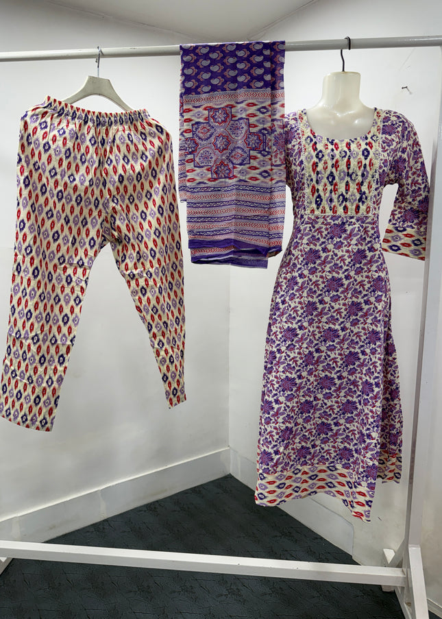LADIES KURTI SET CODE-A105 Women's Purple Floral Printed 3 Piece Kurti Set with Pant & Dupatta | Ethnic Wear
