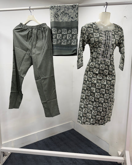 LADIES KURTI SET CODE-A121 Women's Grey Printed Kurta Pant Set with Dupatta | Ethnic Cotton Blend Suit Set