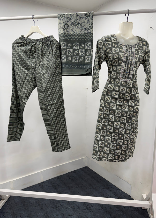 LADIES KURTI SET CODE-A121 Women's Grey Printed Kurta Pant Set with Dupatta | Ethnic Cotton Blend Suit Set