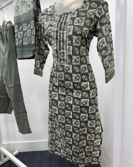 LADIES KURTI SET CODE-A121 Women's Grey Printed Kurta Pant Set with Dupatta | Ethnic Cotton Blend Suit Set