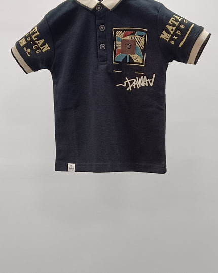 Boys Navy Blue Polo T-Shirt with Graphic Patch | Stylish Kids Collar Tee – He & She