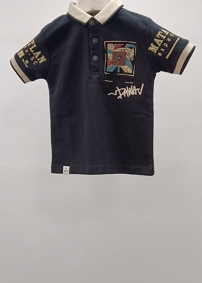 Boys Navy Blue Polo T-Shirt with Graphic Patch | Stylish Kids Collar Tee – He & She