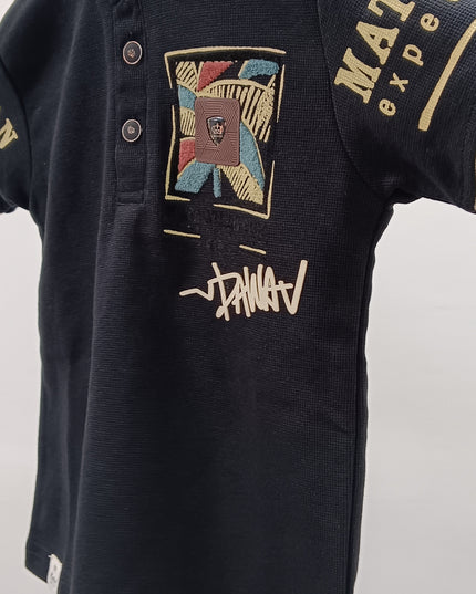 Boys Navy Blue Polo T-Shirt with Graphic Patch | Stylish Kids Collar Tee – He & She