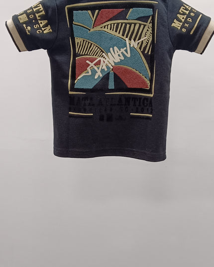 Boys Navy Blue Polo T-Shirt with Graphic Patch | Stylish Kids Collar Tee – He & She