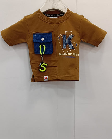 Boys Brown Graphic T-Shirt with Utility Pocket – Stylish Casual Wear | He and She