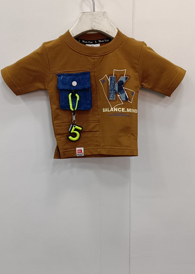 Boys Brown Graphic T-Shirt with Utility Pocket – Stylish Casual Wear | He and She