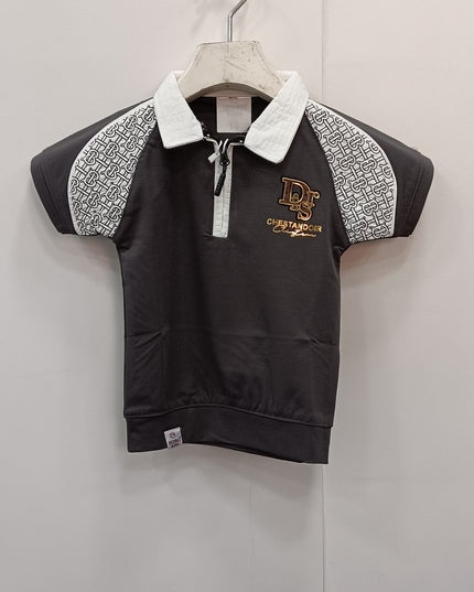 Boys Dark Grey Polo T-Shirt with Printed Sleeves – Premium Casual Wear | He and She