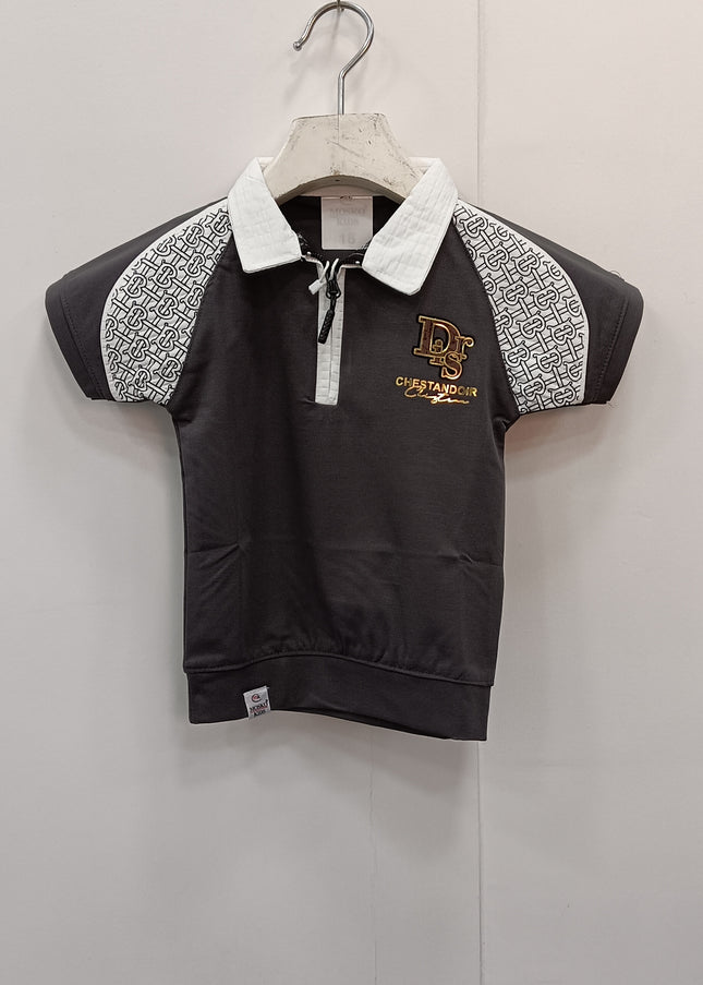 Boys Dark Grey Polo T-Shirt with Printed Sleeves – Premium Casual Wear | He and She