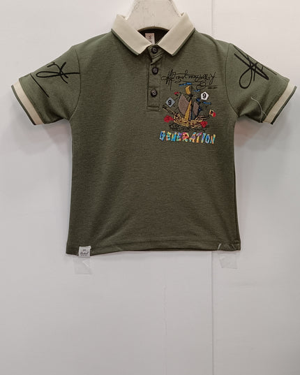 Boys Olive Green Printed Polo T-Shirt with Back Print | Kids Casual Wear