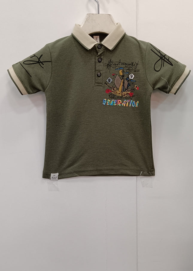 Boys Olive Green Printed Polo T-Shirt with Back Print | Kids Casual Wear