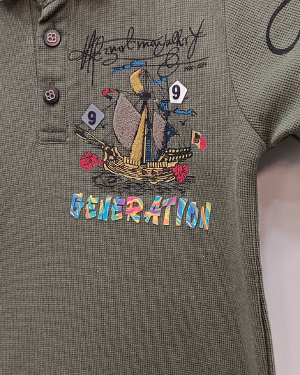 Boys Olive Green Printed Polo T-Shirt with Back Print | Kids Casual Wear