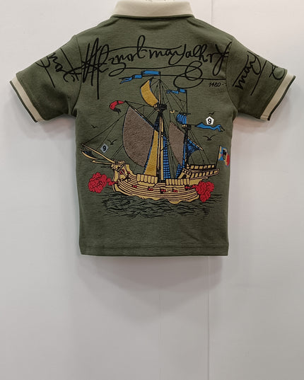 Boys Olive Green Printed Polo T-Shirt with Back Print | Kids Casual Wear