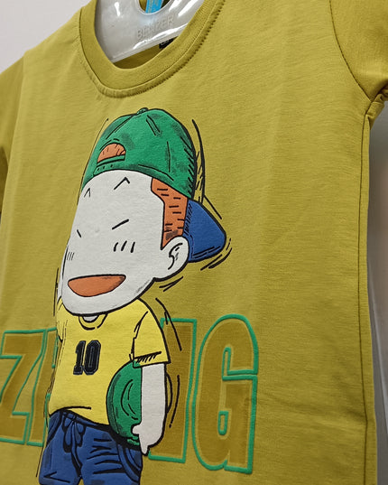 Boys Yellow Cartoon Printed T-Shirt – Trendy Graphic Cotton Tee | He & She
