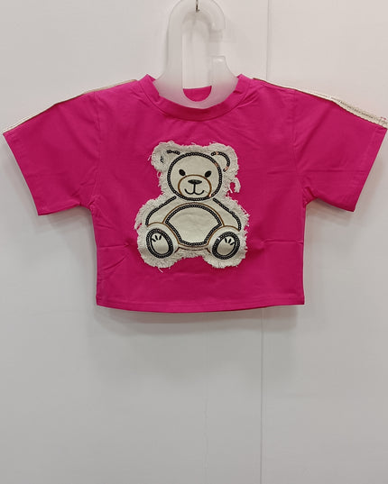 Girls Pink Teddy Bear Applique Crop Top – Cute Short Sleeve Cotton Tee