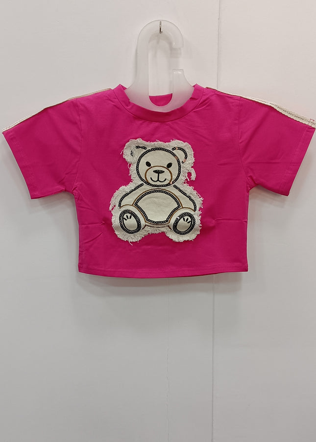 Girls Pink Teddy Bear Applique Crop Top – Cute Short Sleeve Cotton Tee