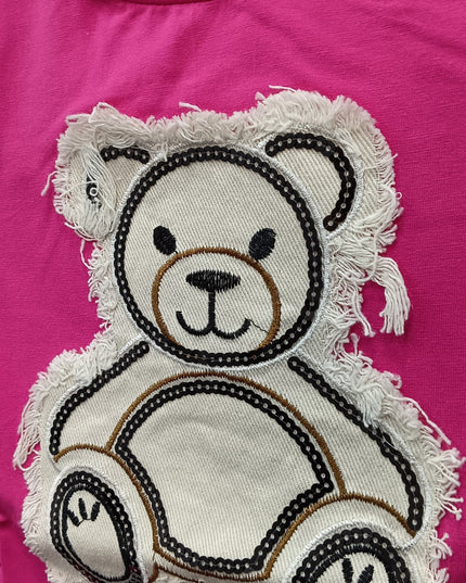 Girls Pink Teddy Bear Applique Crop Top – Cute Short Sleeve Cotton Tee