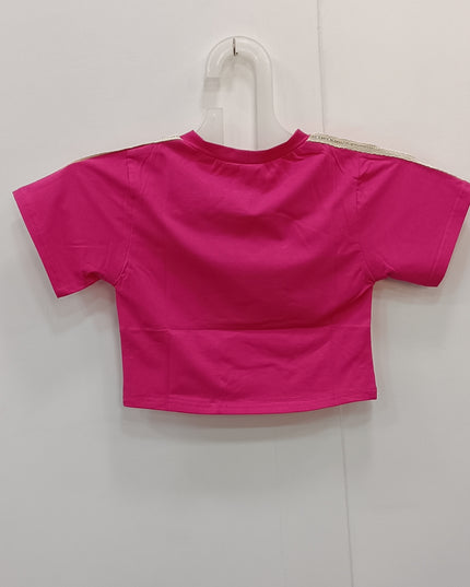 Girls Pink Teddy Bear Applique Crop Top – Cute Short Sleeve Cotton Tee