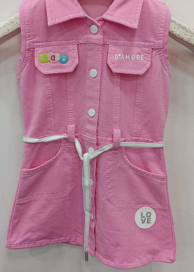 Girls Pink Denim Shirt Dress with Belt | He and She Kidswear