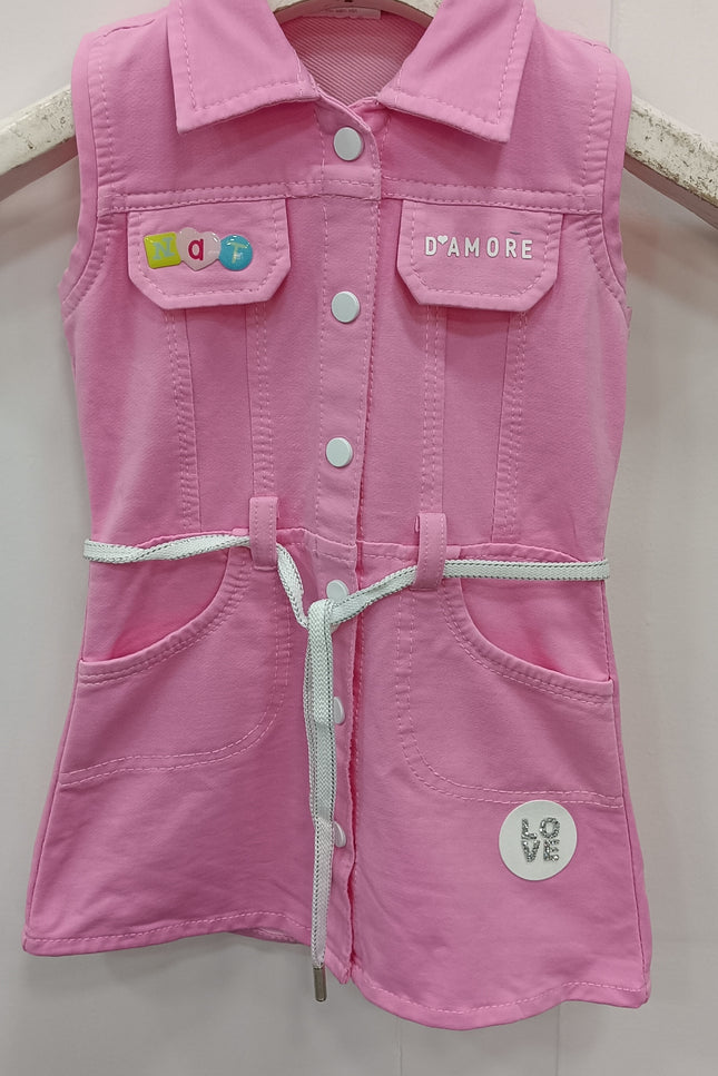 Girls Pink Denim Shirt Dress with Belt | He and She Kidswear