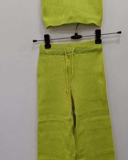 Girls Lime Green Ribbed Co-Ord Set | Crop Top & Pants Set for Kids – He & She