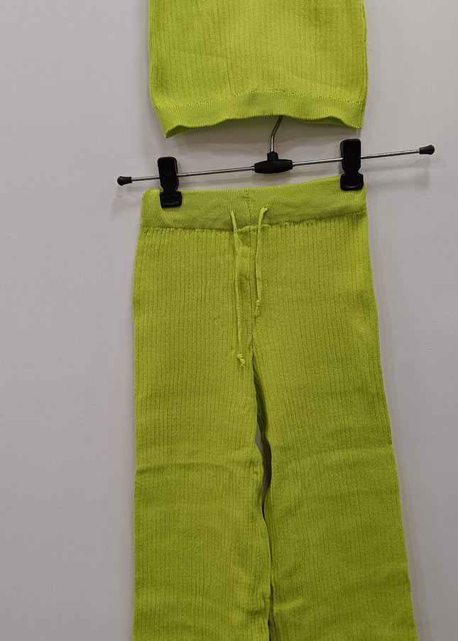 Girls Lime Green Ribbed Co-Ord Set | Crop Top & Pants Set for Kids – He & She