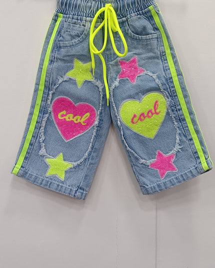 Girls Denim Jeans with Neon Heart & Star Patches | Stylish Kids Casual Wear
