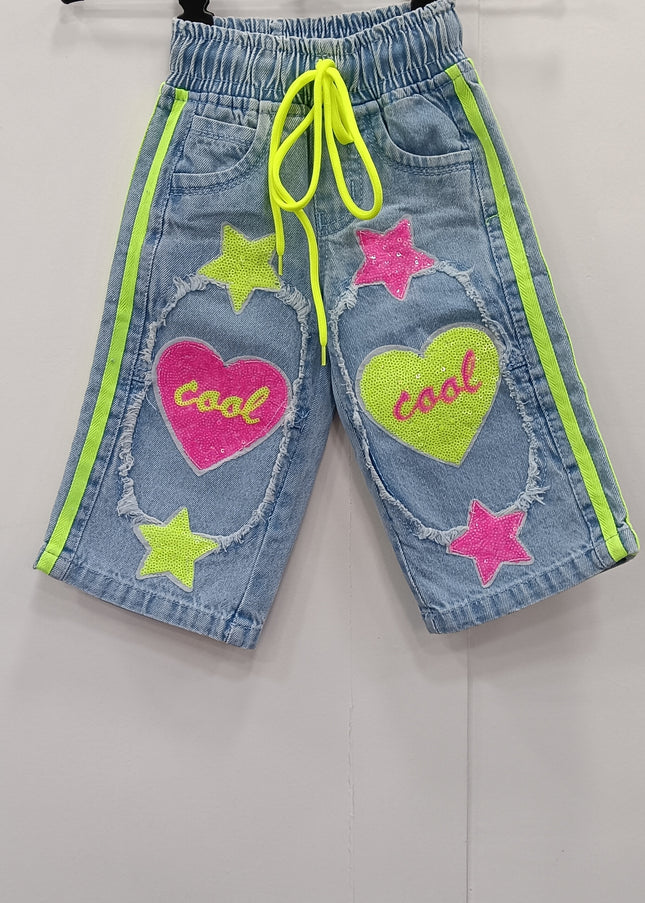 Girls Denim Jeans with Neon Heart & Star Patches | Stylish Kids Casual Wear