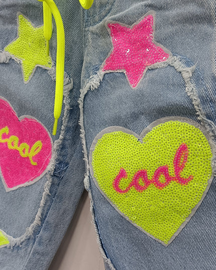 Girls Denim Jeans with Neon Heart & Star Patches | Stylish Kids Casual Wear