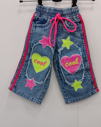 Girls Denim Jogger Pants with Heart & Star Patches | Kids Stylish Elastic Waist Jeans