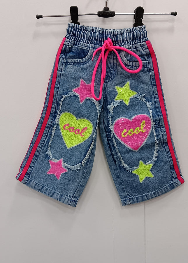 Girls Denim Jogger Pants with Heart & Star Patches | Kids Stylish Elastic Waist Jeans