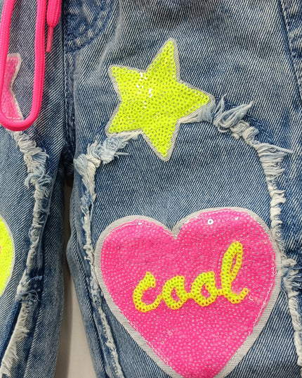 Girls Denim Jogger Pants with Heart & Star Patches | Kids Stylish Elastic Waist Jeans