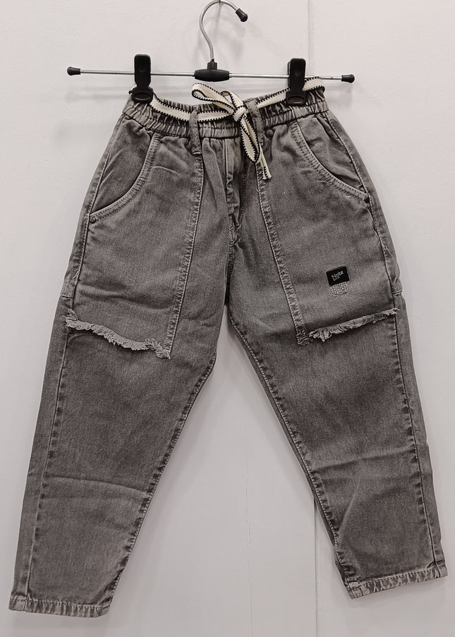 He & She Kids Grey Washed Denim Jeans with Cargo Pockets – Stylish Casual Bottom Wear