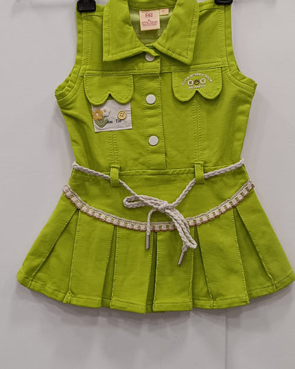 He & She Girls Green Sleeveless Cotton Dress with Belt – Stylish Summer Kids Outfit