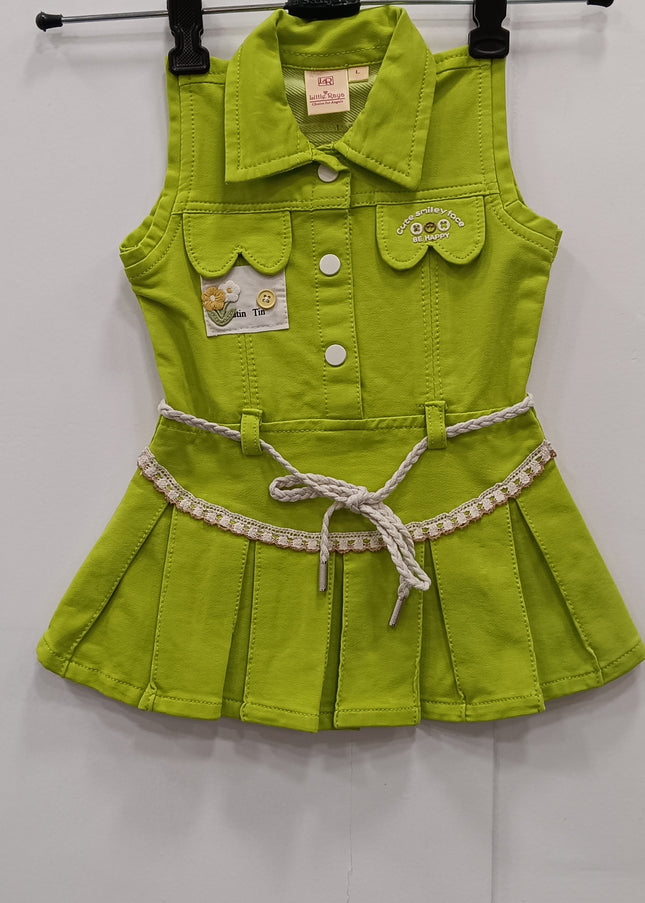 He & She Girls Green Sleeveless Cotton Dress with Belt – Stylish Summer Kids Outfit