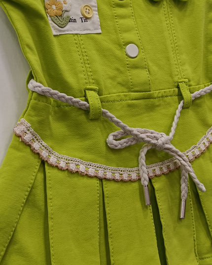 He & She Girls Green Sleeveless Cotton Dress with Belt – Stylish Summer Kids Outfit