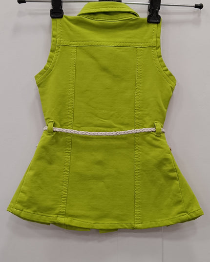 He & She Girls Green Sleeveless Cotton Dress with Belt – Stylish Summer Kids Outfit