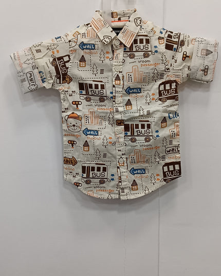 Boys Printed Casual Shirt with Bus & Cartoon Design | Kids Half Sleeve Cotton Shirt