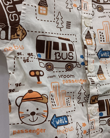 Boys Printed Casual Shirt with Bus & Cartoon Design | Kids Half Sleeve Cotton Shirt
