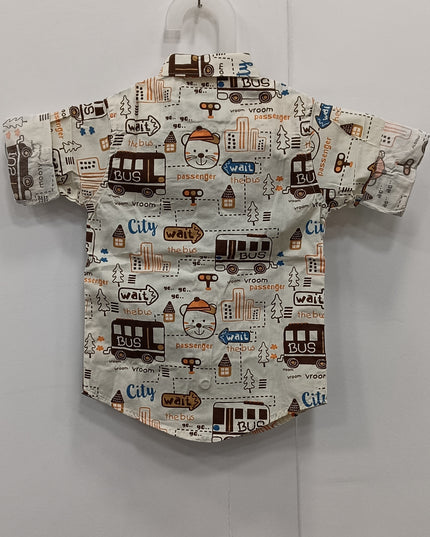 Boys Printed Casual Shirt with Bus & Cartoon Design | Kids Half Sleeve Cotton Shirt