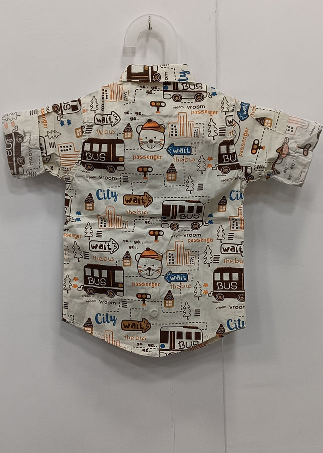Boys Printed Casual Shirt with Bus & Cartoon Design | Kids Half Sleeve Cotton Shirt
