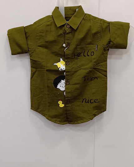 Boys Olive Green Printed Casual Shirt | Kids Cotton Half Sleeve Shirt with Cartoon Design